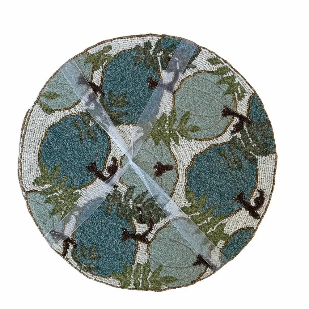 2pc Tahari Beaded Pumpkin Placemats 15in Round Blue Green Fall Thanksgiving NEW
